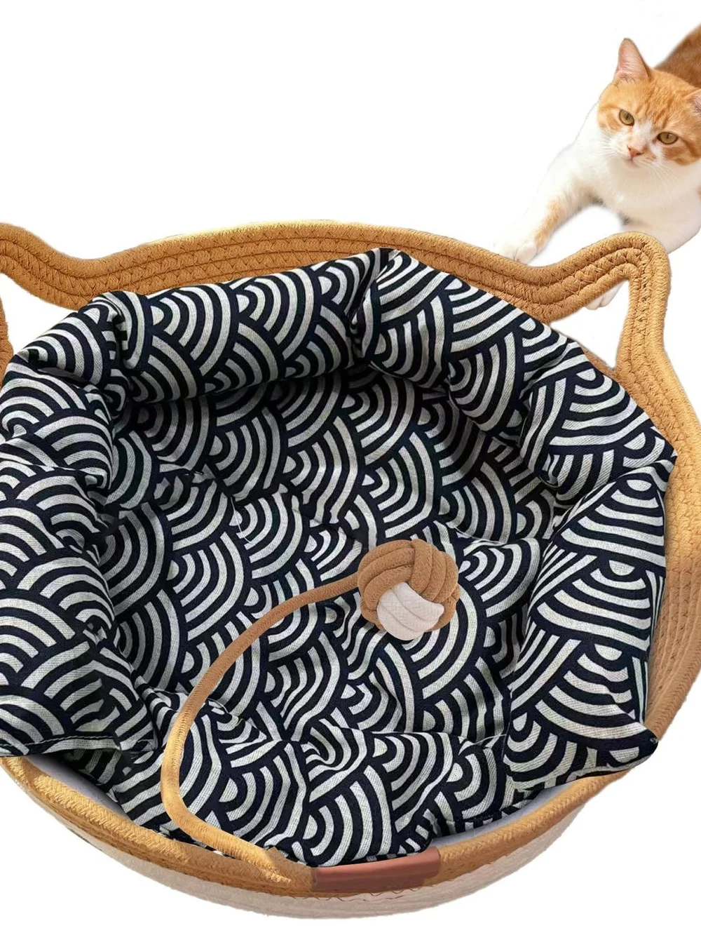 FHKPET Cotton Rope Cat Basket with Cushion - Large, Brown/Beige